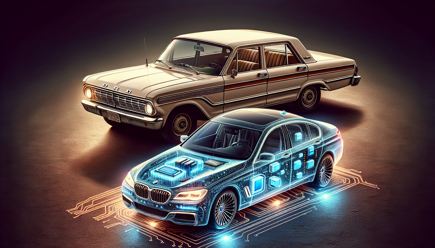 Illustration comparing a standard Ford vehicle to a luxury BMW Seven Series, emphasizing the role of microcontrollers in vehicle advancements