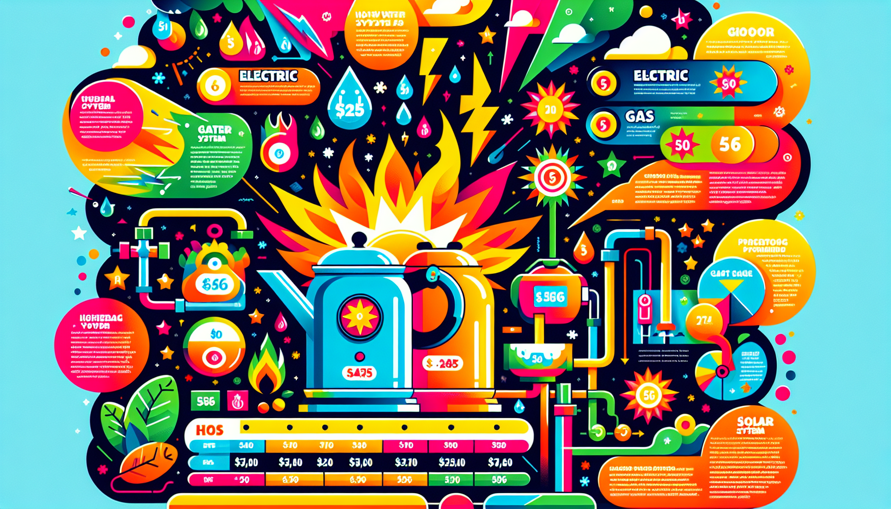 An illustration depicting various types of hot water systems with an emphasis on their prices.