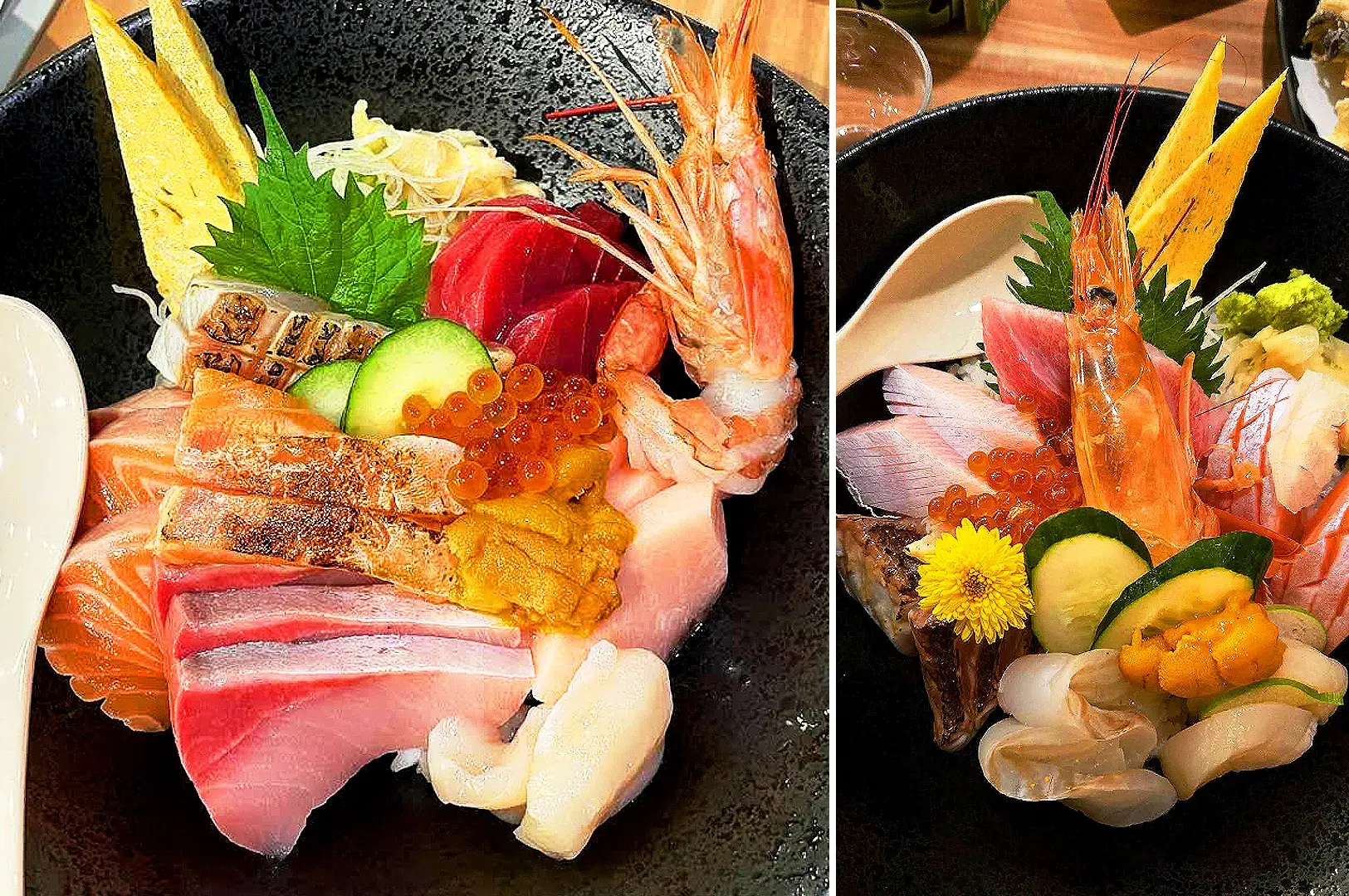 Assorted Japanese sashimi and seafood rice bowls with salmon, tuna, prawns, and ikura at The Sushi Bar Orchard