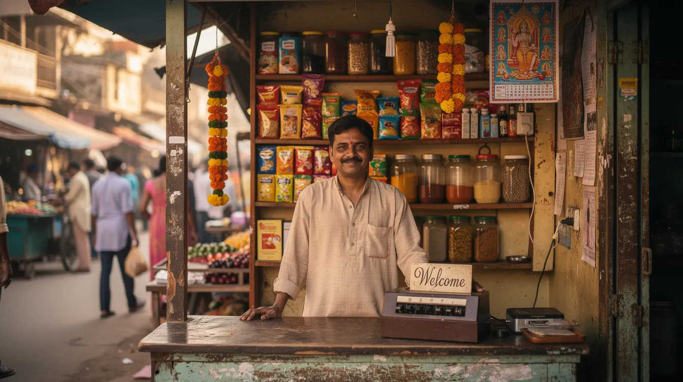 The image depicts a small business owner standing confidently at the counter of their shop in a bustling Indian market, showcasing their entrepreneurial spirit. The setting reflects the vibrant atmosphere of small enterprises, where financial assistance through options like mudra loans can support business operations and growth.