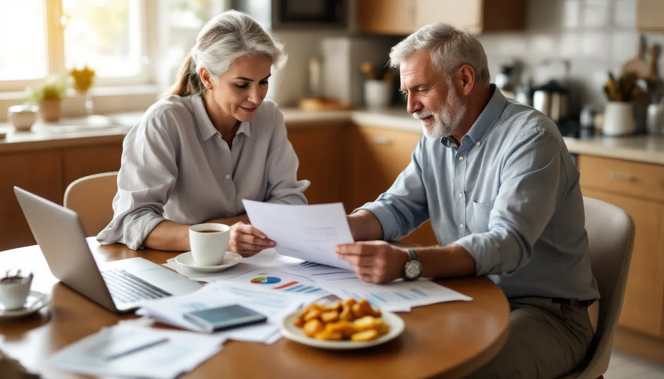 A senior couple sits at their kitchen table, reviewing retirement planning documents that include details about their retirement accounts, annuity payments, and required minimum distributions (RMDs). They appear focused and engaged, discussing strategies to ensure a stable retirement income and tax efficiency.