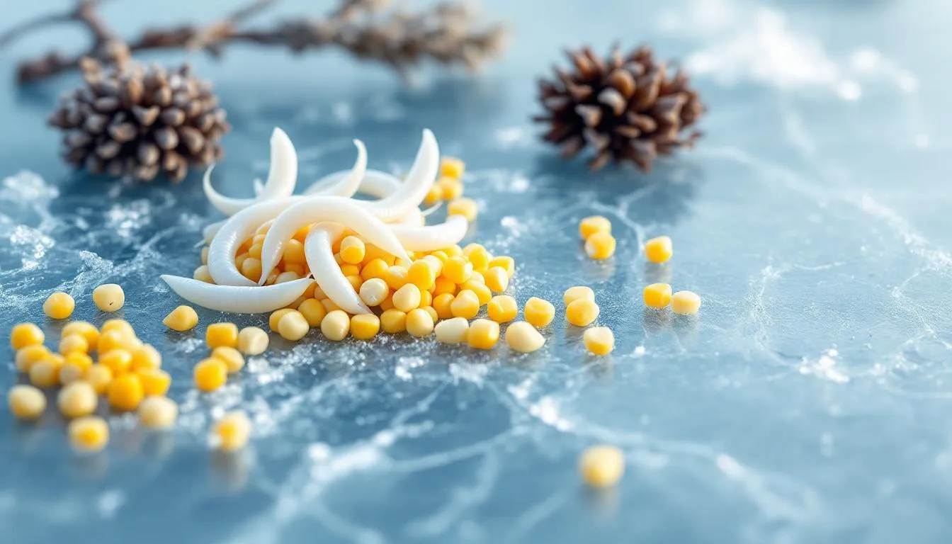 Na lodzie leżą różne naturalne przynęty zimowe, takie jak białe robaki, kukurydza i dendrobeny, które są idealne do łowienia ryb zimą. Te przynęty mogą przyciągnąć różne gatunki ryb w trudnych zimowych warunkach.