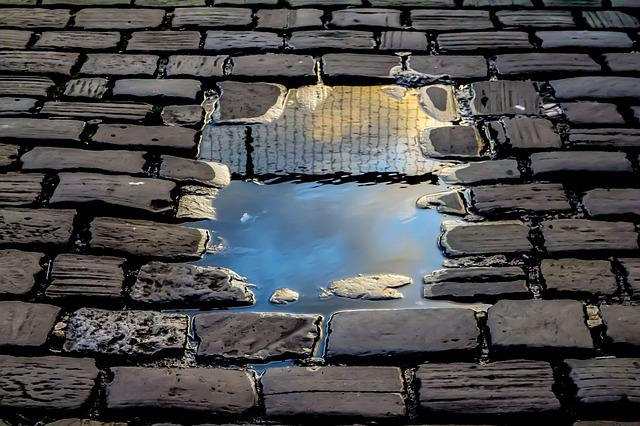 reflection, brick road, rain