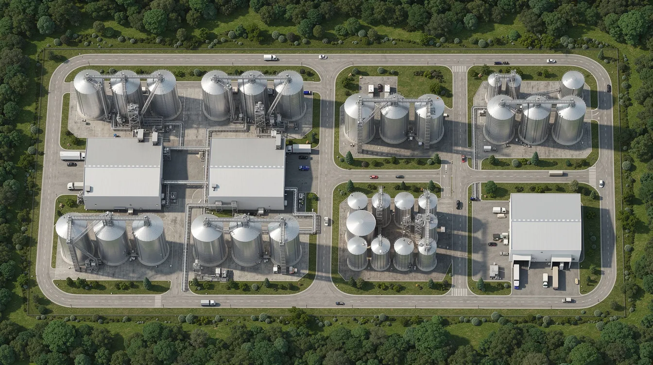9051ae91 8ad9 4df2 ada0 34f8fb86d1e1 The image shows an aerial view of a large ethanol production plant featuring metal silos and storage tanks, with internal roads weaving through the facility. Surrounding the plant are green buffer zones, highlighting the balance between industrial activity and environmental considerations.