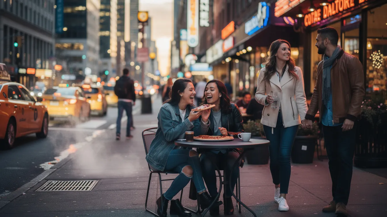 The image depicts a cozy coffee shop in New York City, where a couple is enjoying their first date, engaged in deep conversation. The vibrant NYC dating scene is evident, showcasing the emotional energy and hope for meaningful connections amidst the bustling atmosphere of the city.