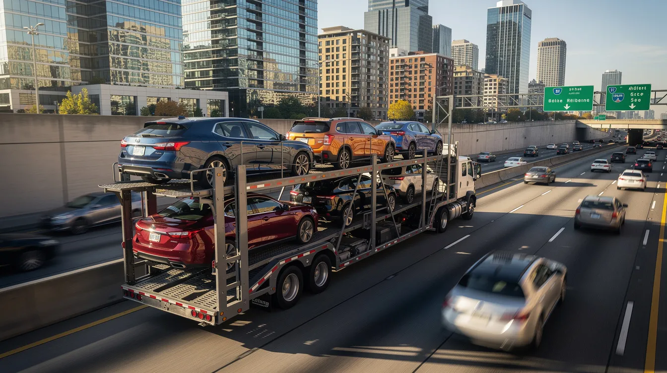 A multi-car transport trailer is seen driving on an interstate highway through a bustling urban area, showcasing the auto transport industry in action. This scene highlights the efficiency of expedited car shipping services as the trailer navigates the city streets, emphasizing the importance of timely vehicle shipping for various delivery locations.