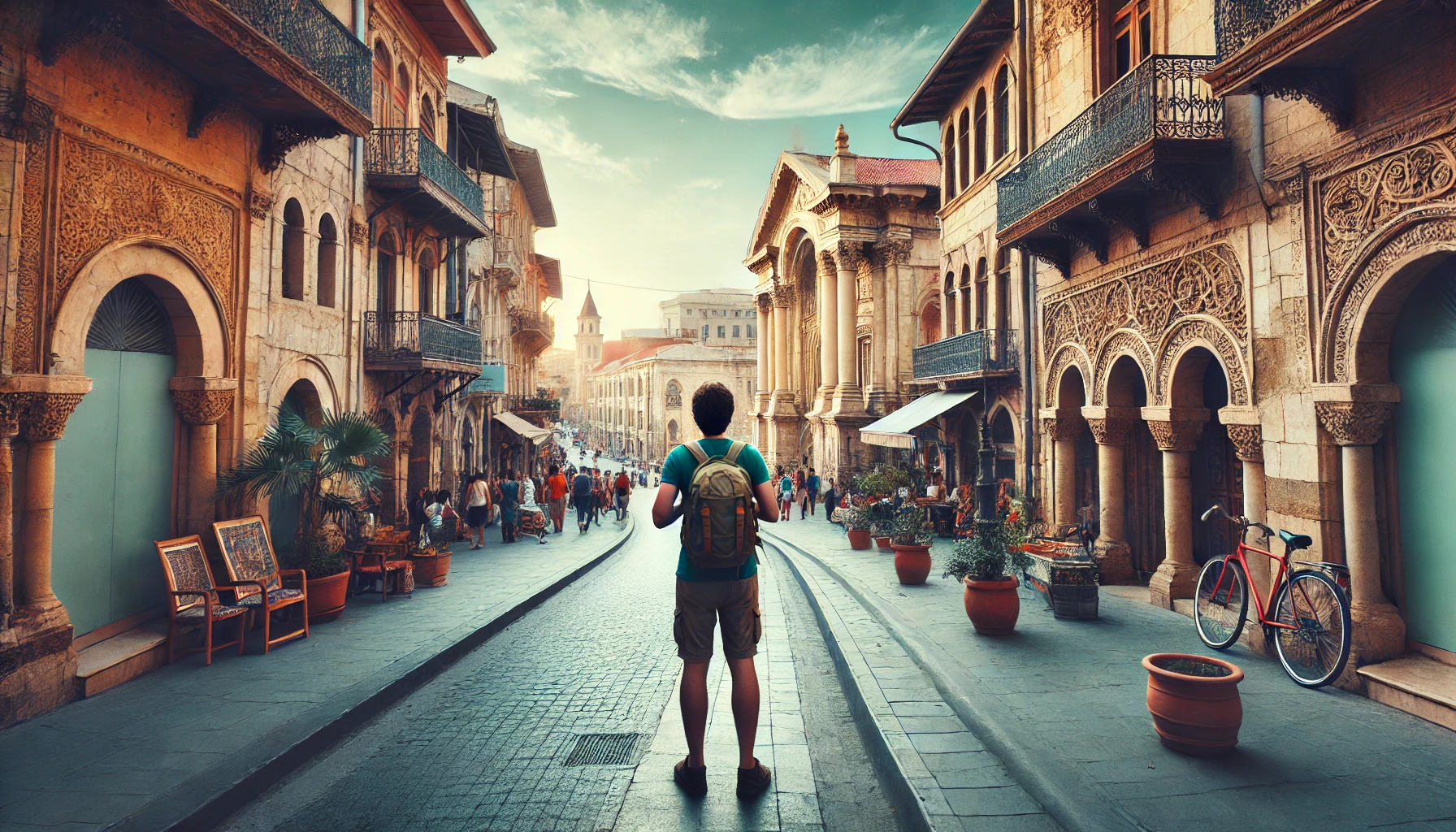  A bustling street in a culturally rich city, with a solo traveler 