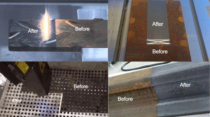 Before and after laser cleaning on various metal surfaces.