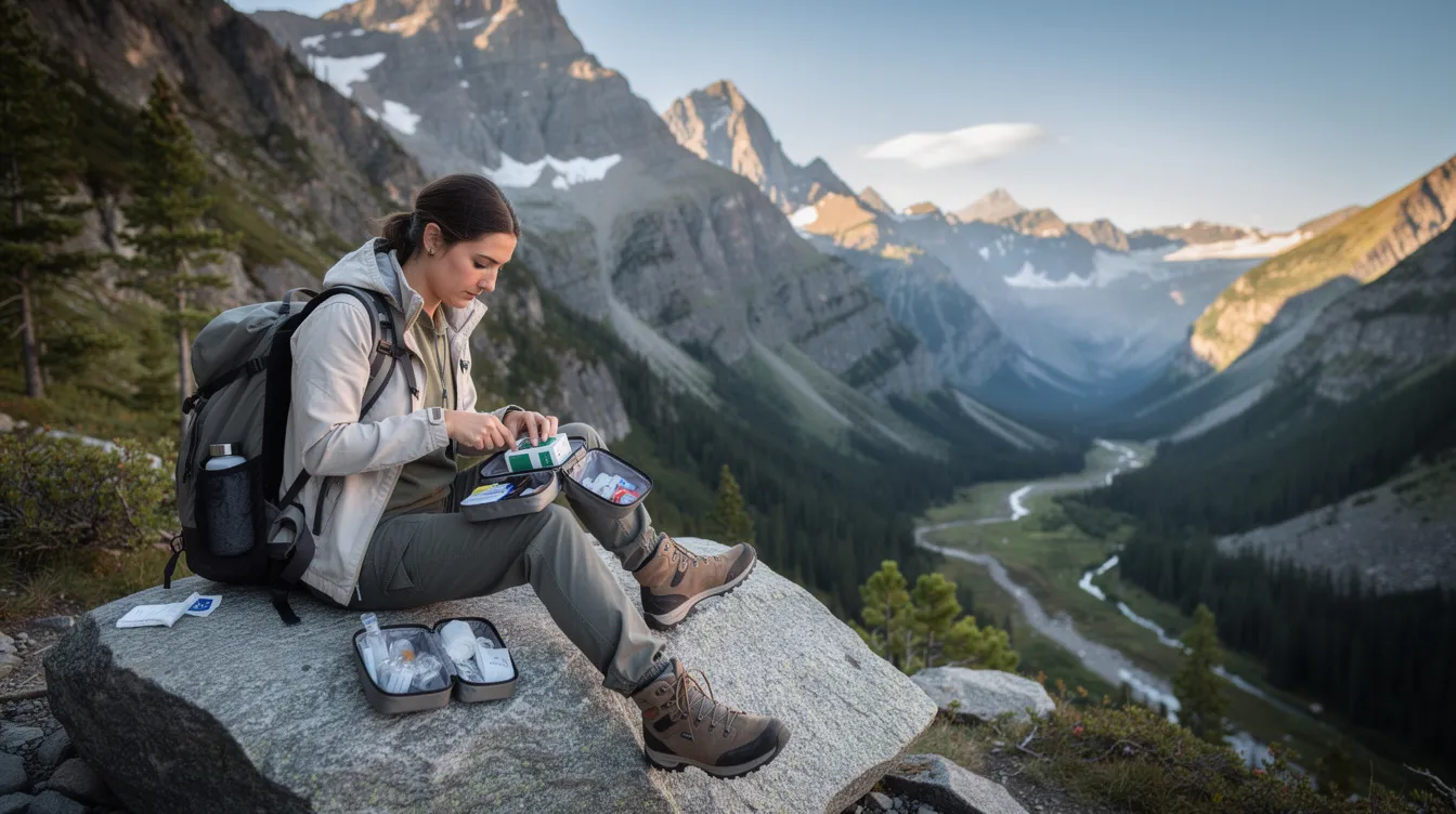 A hiker sits on a rock, examining the contents of a well-stocked first aid kit, with mountains in the background. The compact kit includes essential medical supplies like bandages, antiseptic wipes, and a first aid manual, perfect for outdoor adventures and emergencies.