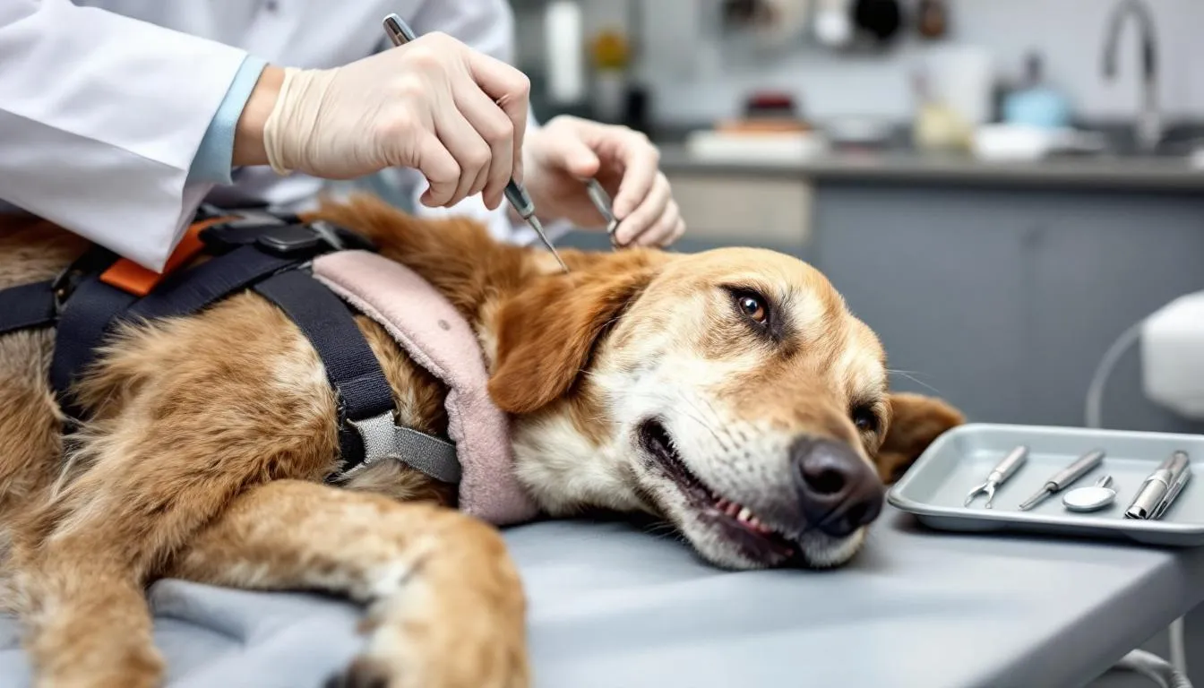A veterinarian is examining a dog