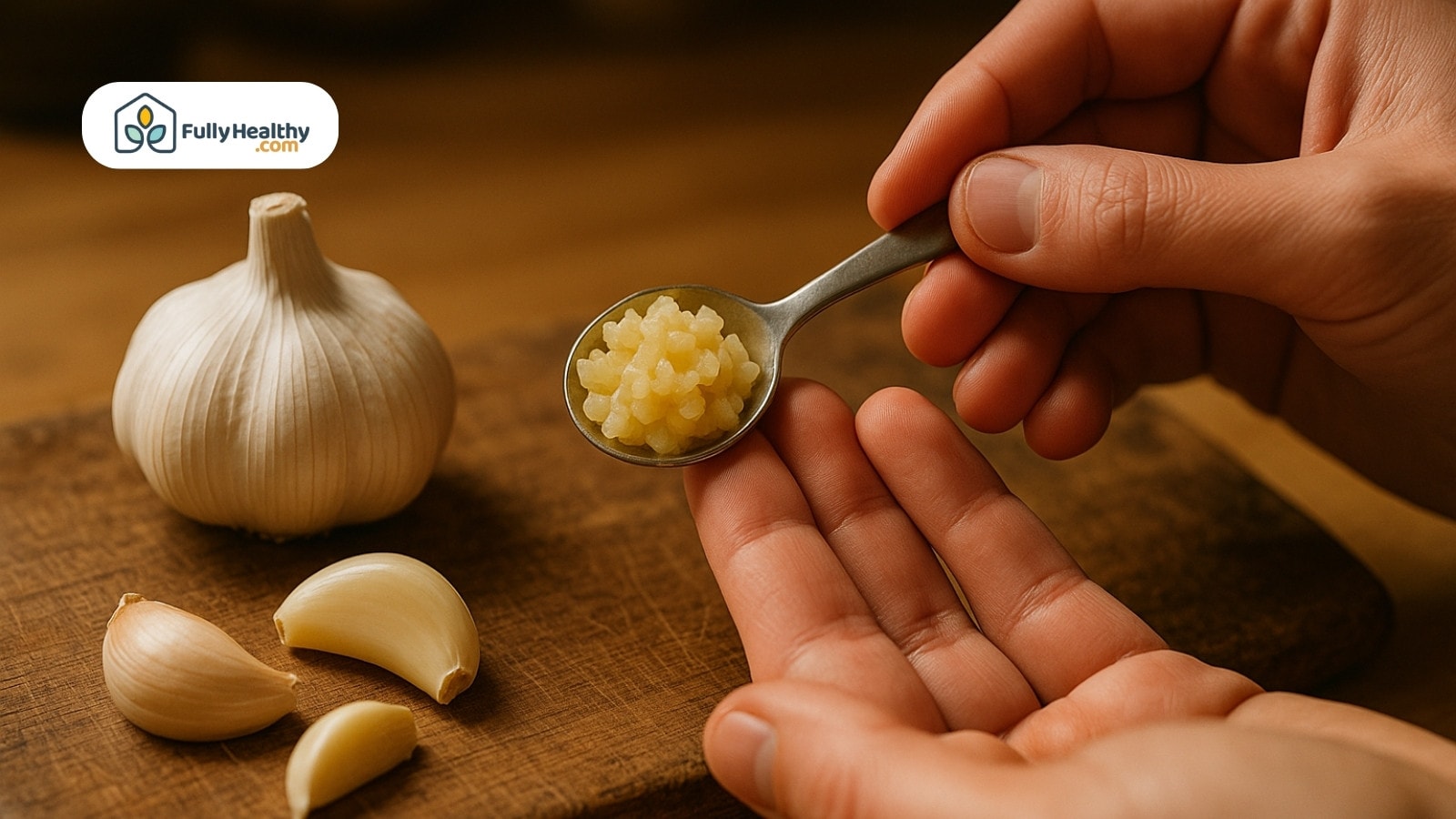 Hand holding spoon of minced garlic beside whole and peeled cloves
