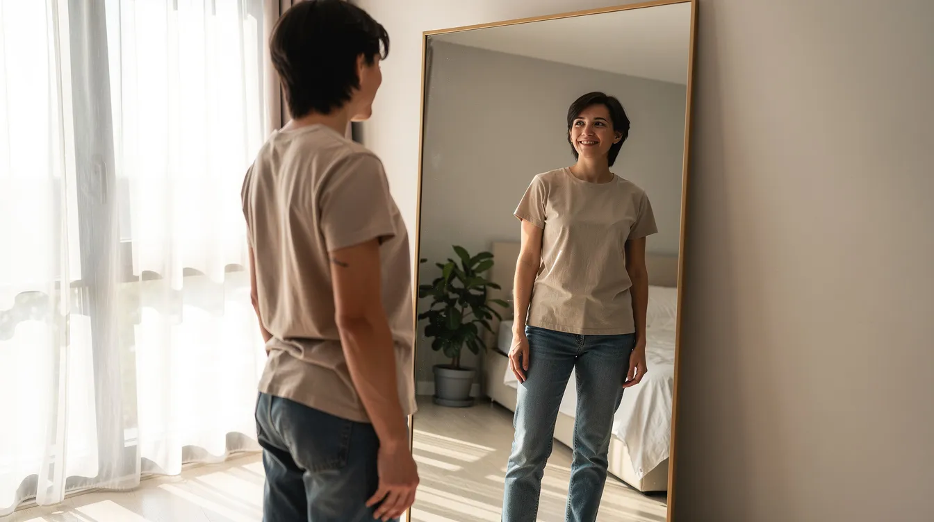 A confident person stands in front of a full-length mirror, admiring their reflection which showcases a smoother contour of their upper body. The image highlights their posture and self-assurance, possibly suggesting a journey through body contouring procedures like back lift surgery or skin removal surgery.