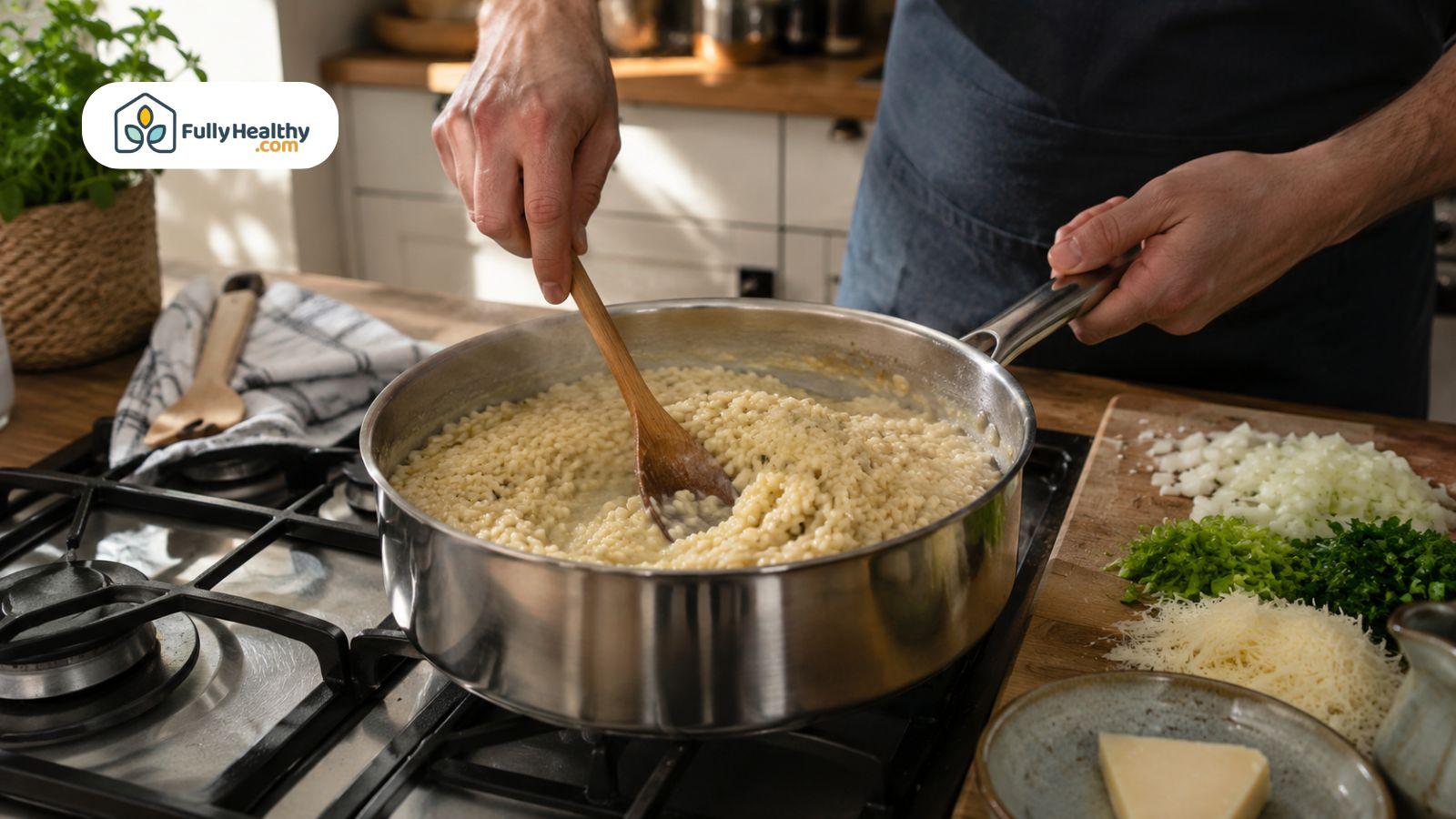 Home cook stirring creamy risotto in saucepan on kitchen stove.