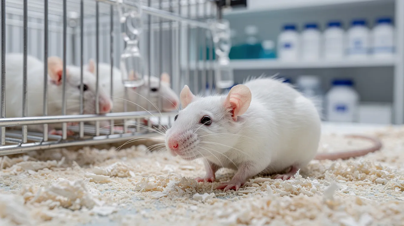 The image depicts laboratory mice in a research facility, where scientists study the aging process and its effects on cellular stress and DNA repair mechanisms. These model organisms are essential for understanding pathways related to longevity, such as the mTOR pathway and its role in metabolic syndrome and age-related diseases.