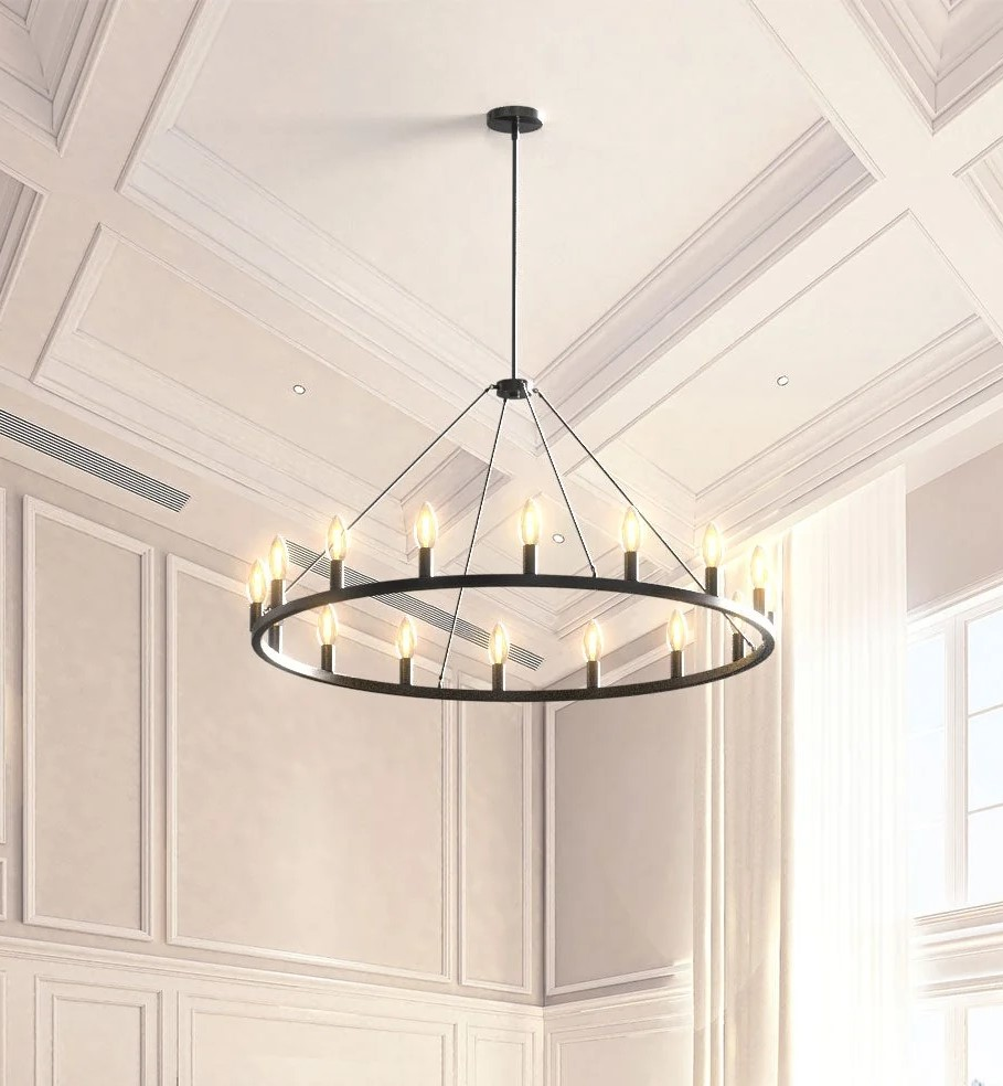 A Farmhouse chandelier hanging from a high ceiling.