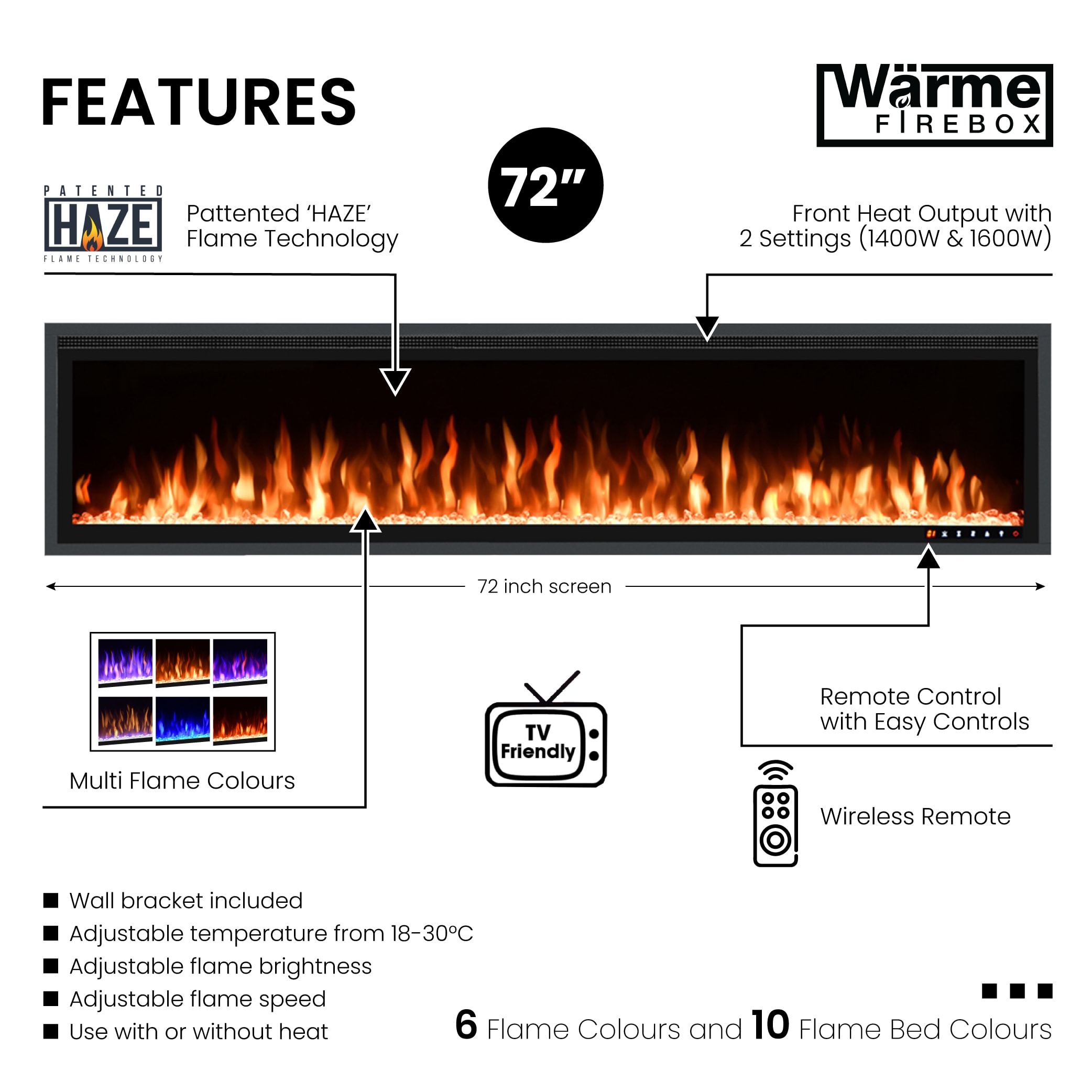 Close-up of the key features of the Wärme Firebox Panoramic 72 electric fireplace.