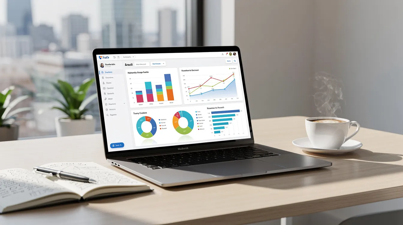 An open laptop on a desk displays colorful charts and graphs, indicating data analysis, while a coffee cup and a notebook sit beside it, all set in a bright office environment. This scene suggests a focus on digital marketing strategies, including search engine optimization and keyword research, essential for improving search engine rankings and organic traffic.