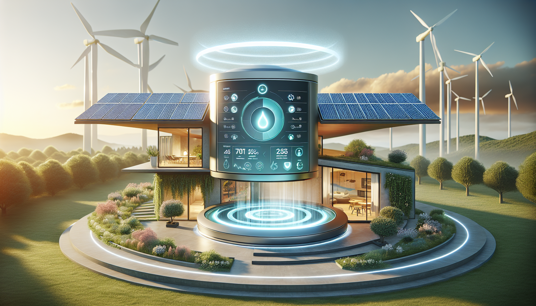 A futuristic illustration of smart hot water systems integrated with renewable energy.