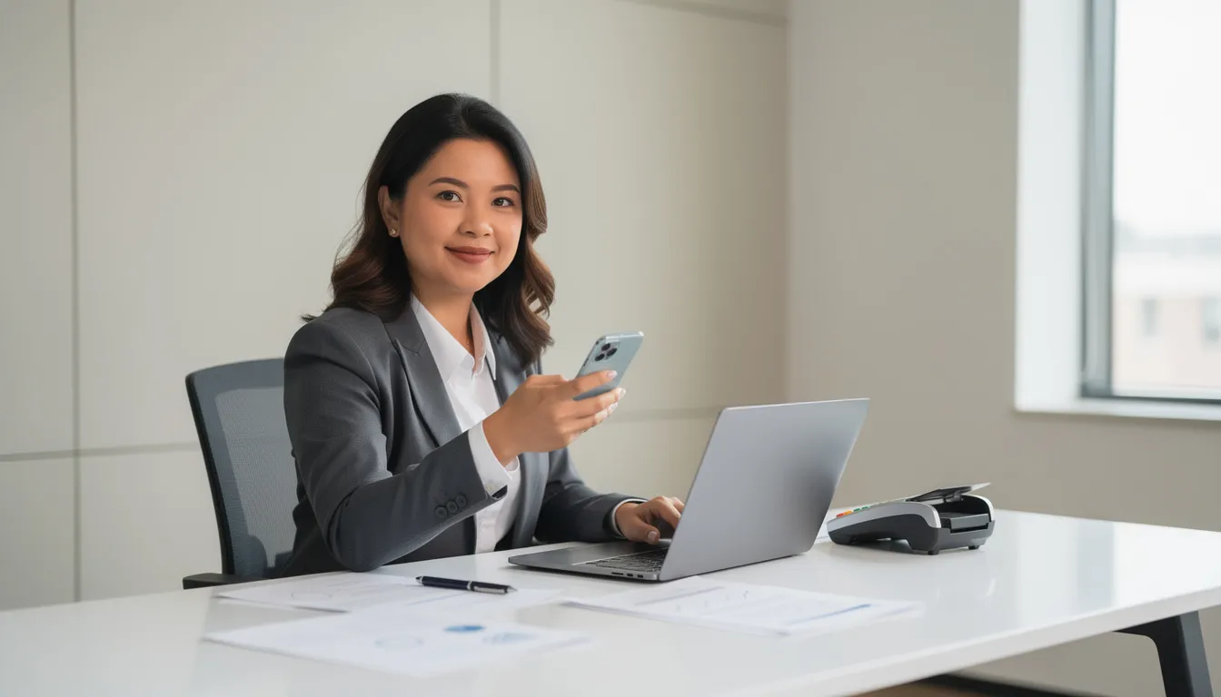 A business owner is sitting at a desk in a well-organized office, holding a phone while looking at a laptop and a card terminal, suggesting a focus on customer communication and financial transactions. The scene reflects the importance of providing services and support to customers in the United Kingdom.