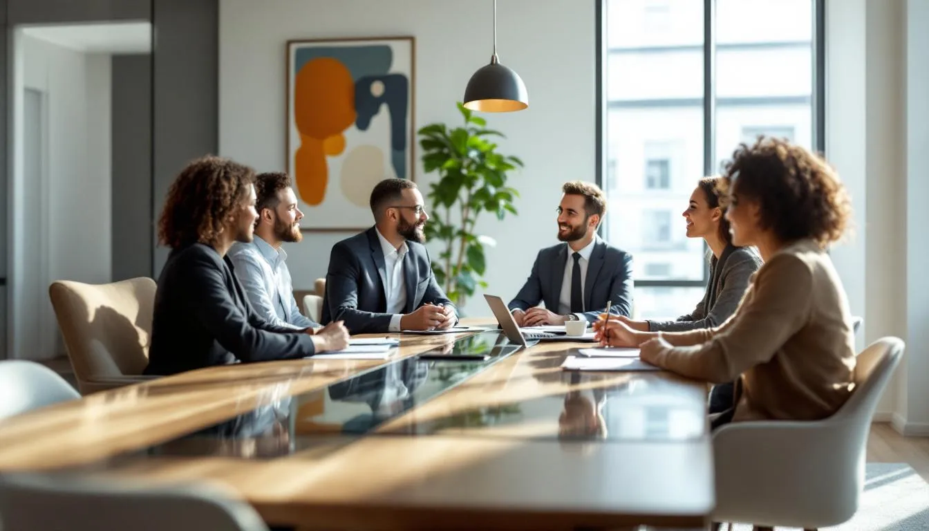 Board members reviewing building's bylaws during a meeting.
