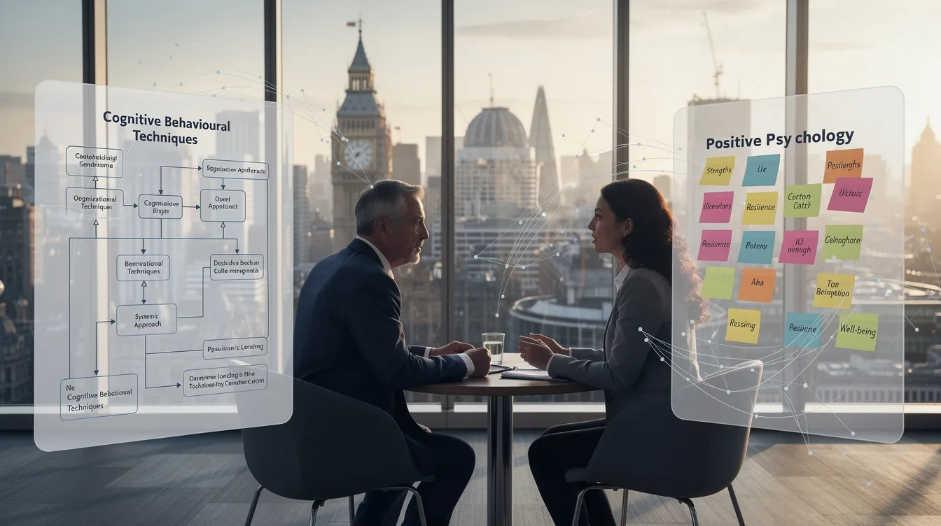 The image depicts a group coaching session for senior executives in London, where participants engage in discussions to enhance their leadership skills and emotional intelligence. The atmosphere is collaborative, focusing on personal and professional growth through evidence-based methodologies and insights shared by an excellent coach.