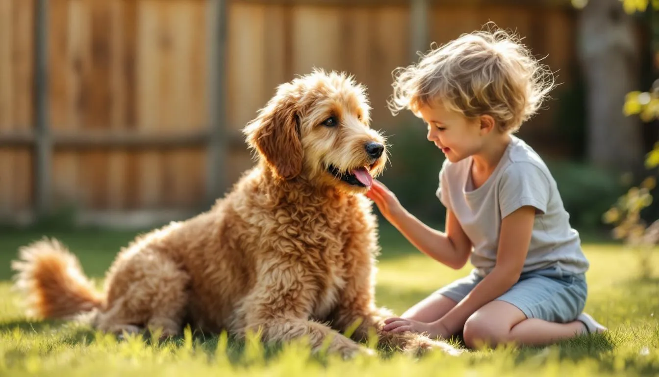 A goldendoodle is seen gently interacting with a young child, showcasing its affectionate nature and high intelligence. This heartwarming scene highlights the breed