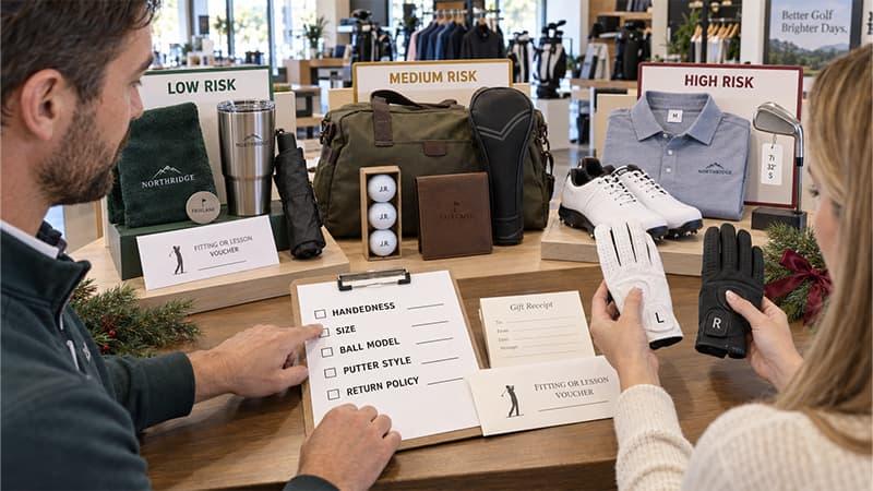 Golf gifts organized by low, medium, and high buying risk with a checklist for handedness, size, ball model, putter style, and return policy.