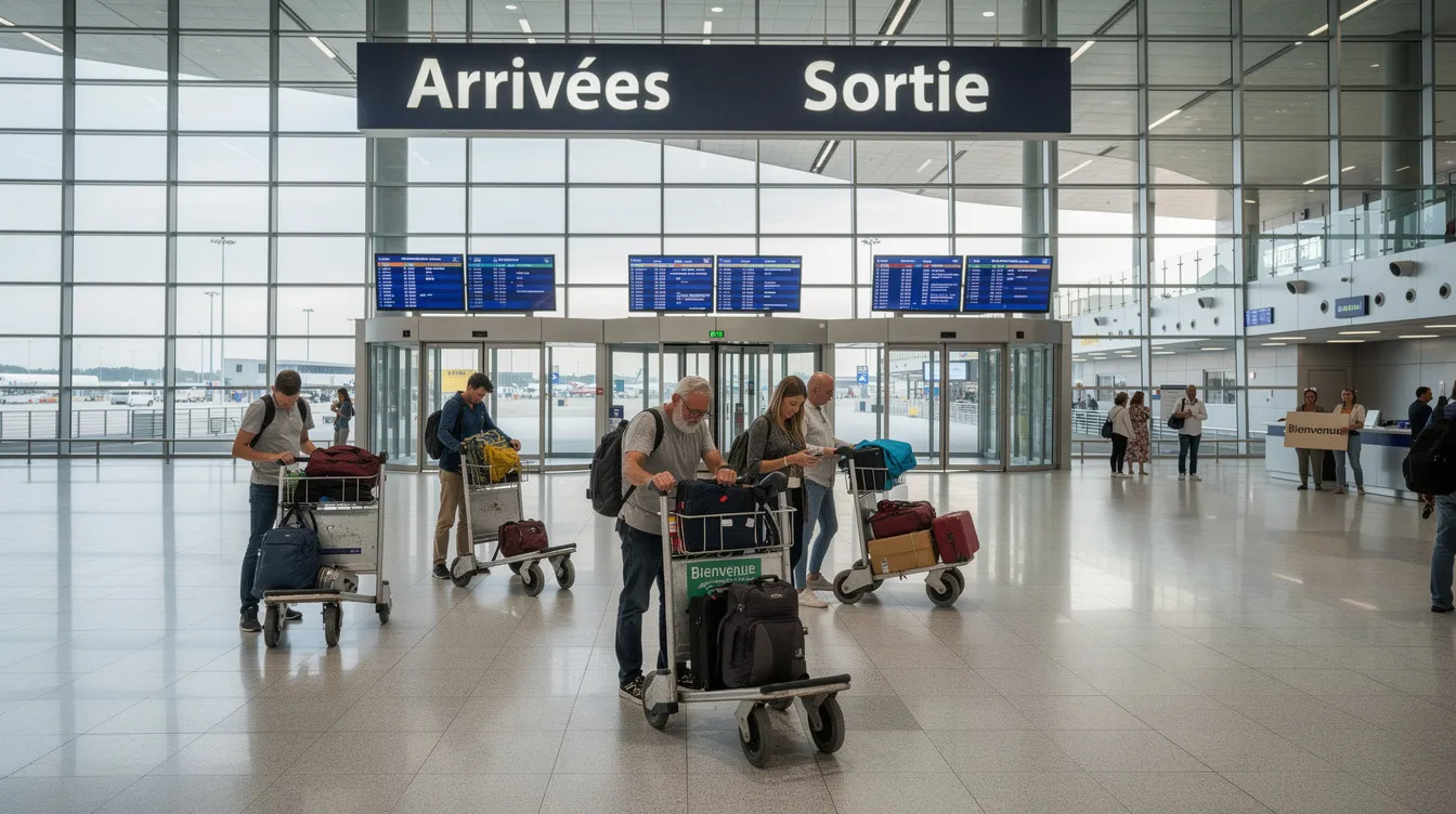 Aankomsthal van een moderne luchthaven met reizigers en bagage.