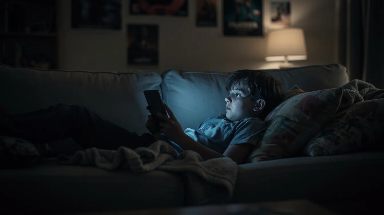 A teenager is lying on a couch in a dimly lit room, with their face illuminated by the blue light of a glowing tablet screen, highlighting the potential signs of screen addiction and excessive screen time among young users. This scene reflects the growing concern around the impact of mobile devices on mental health, particularly in relation to social media platforms and the consequences of device addiction.