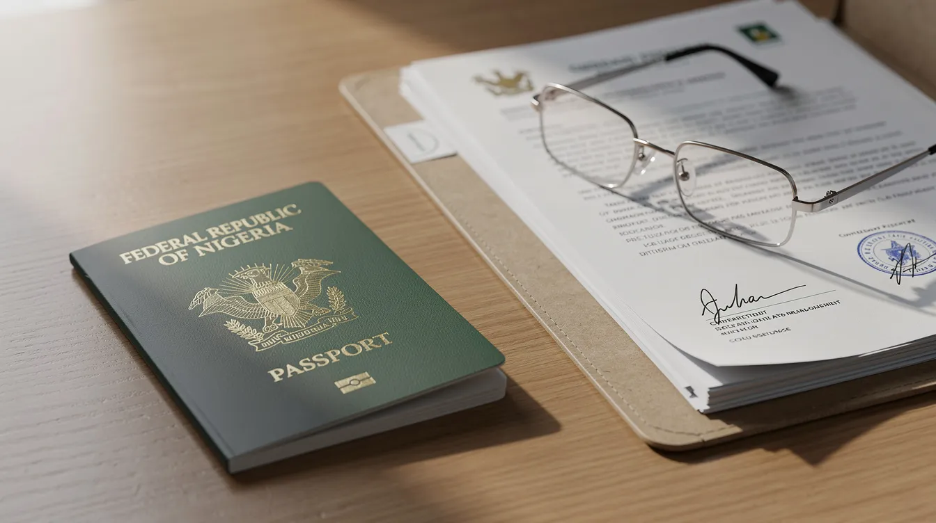The image features a Nigerian passport resting on a desk alongside a folder of official documents and a pair of reading glasses. This scene suggests preparation for the application process for a Canada work visa, which may include essential documents like a job offer letter and work permit application.