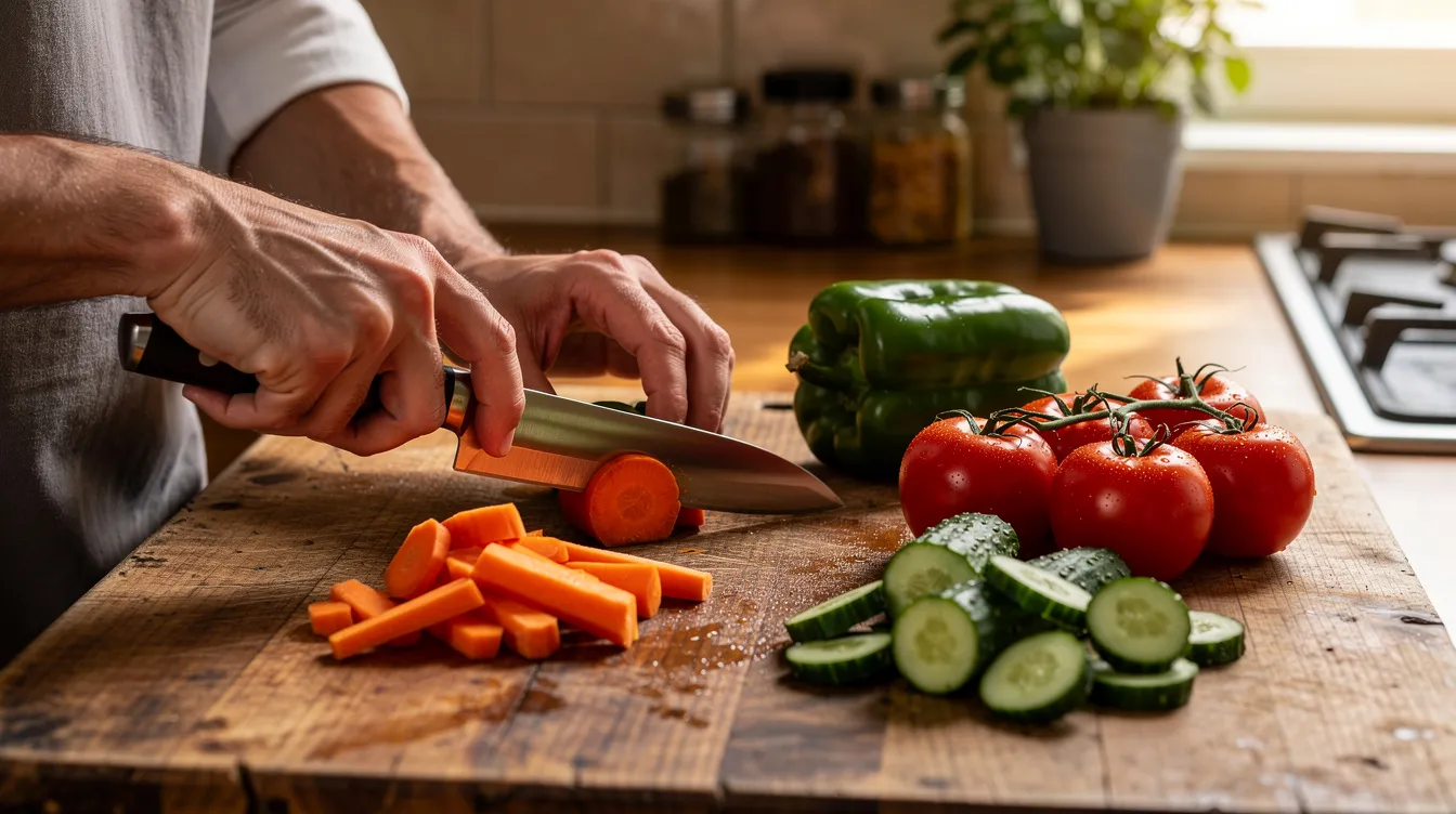 A home cook skillfully slices fresh vegetables with a sharp Japanese knife on a wooden cutting board, showcasing precision and control in their kitchen task. The knife's cutting edge reflects its exceptional sharpness, making it an ideal tool for both amateur and professional chefs.