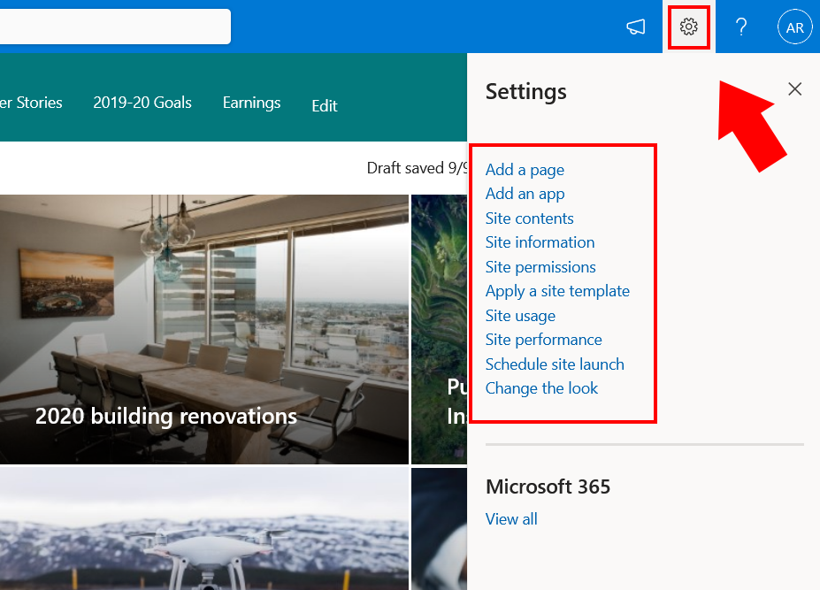 Open the settings menu to customize your Microsoft lookbook