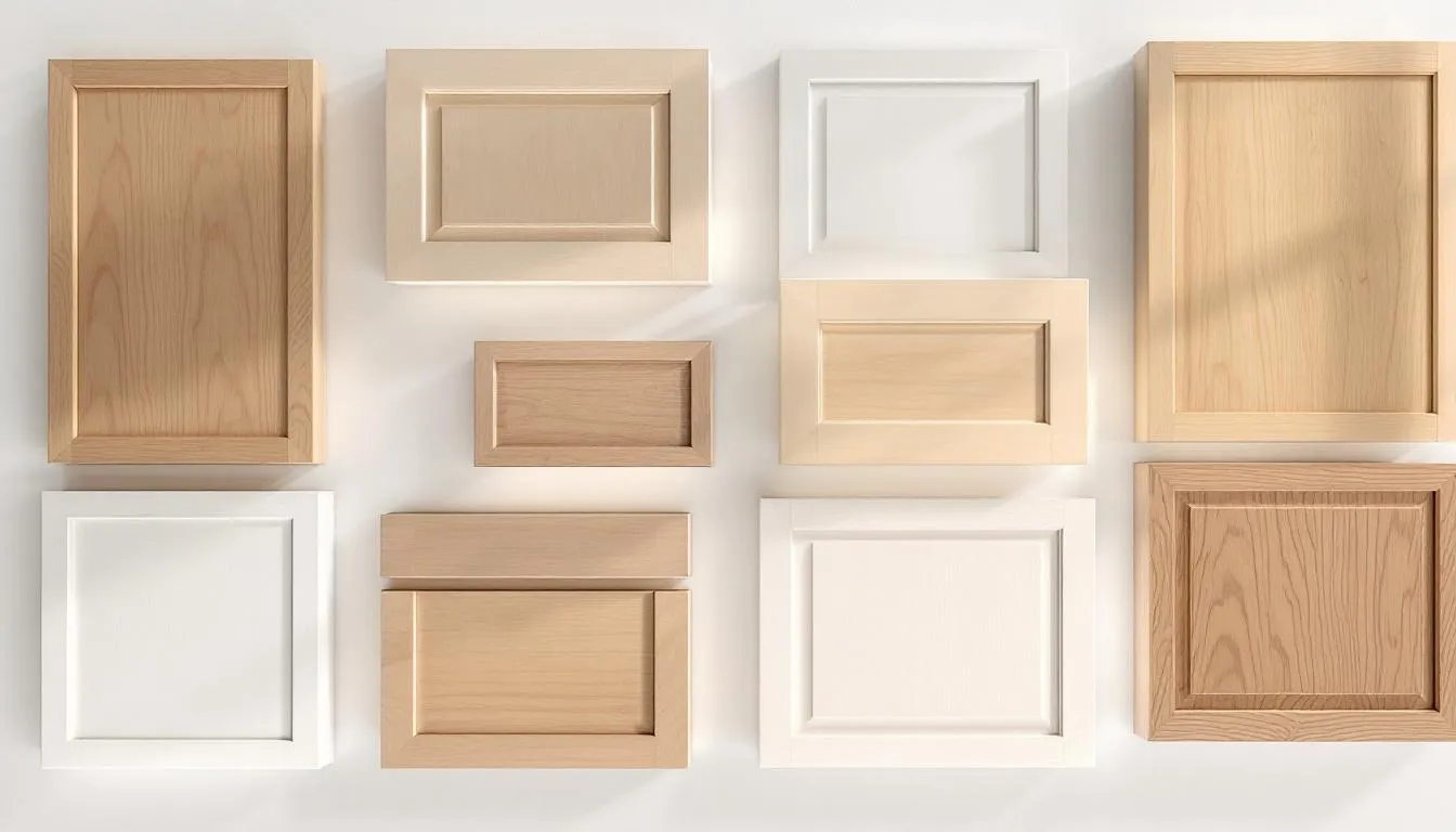 A variety of shaker cabinet materials including solid wood and plywood.