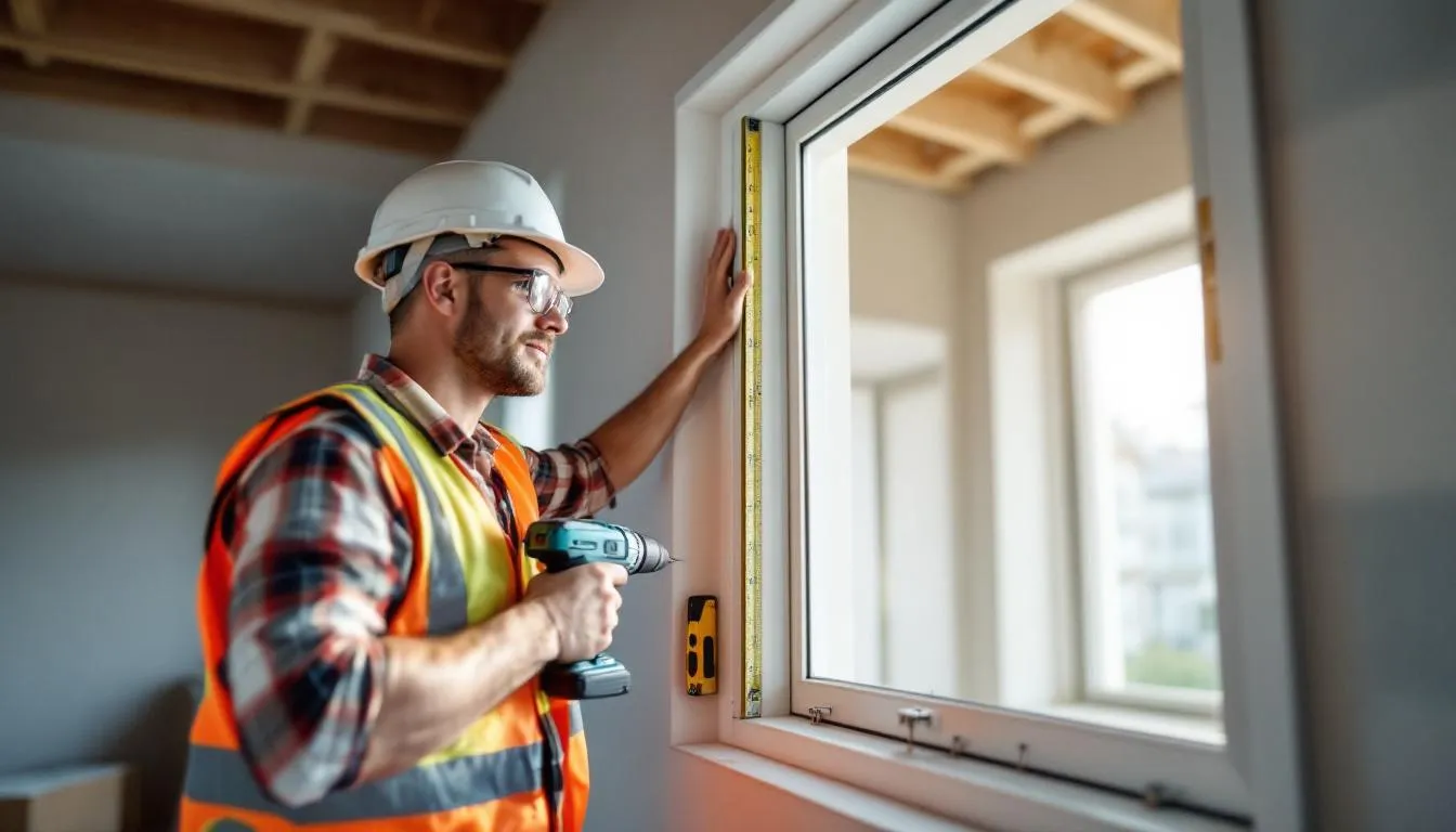 Een professionele technicus installeert een hoogwaardig aluminium kozijn met behulp van gespecialiseerd gereedschap en veiligheidsuitrusting. De focus ligt op de correcte plaatsing en voorbereiding van de montage, waarbij ook aandacht is voor de uitstekende thermische isolatie en energie-efficiëntie van de nieuwe kozijnen.