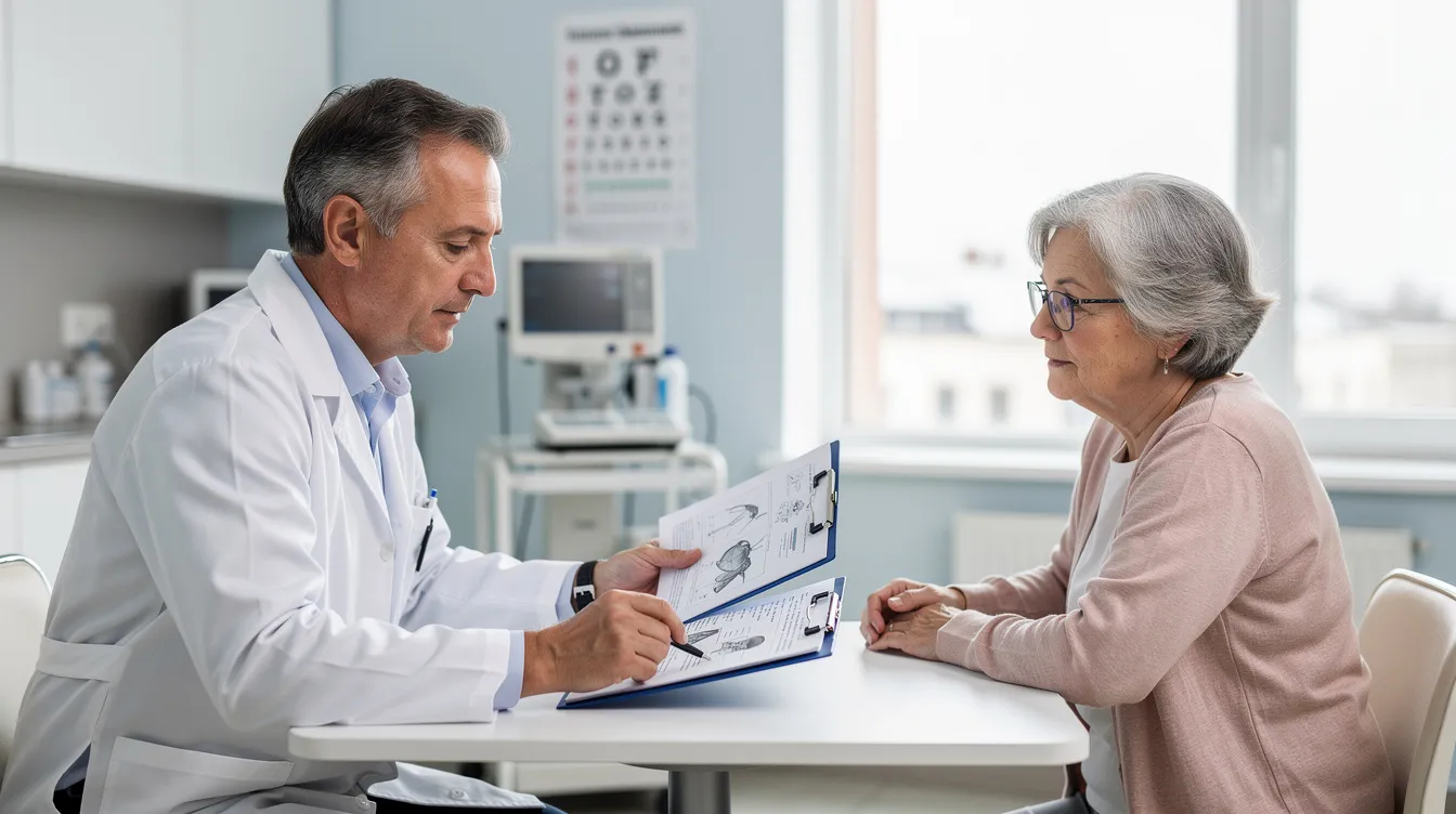A doctor is seated at a desk, attentively reviewing documents with an elderly patient in a bright clinical setting, emphasizing the importance of vitamin D supplementation for maintaining cardiovascular health and preventing vitamin D deficiency. The environment reflects a focus on overall health and wellness, highlighting the role of adequate vitamin D levels in promoting bone health and calcium metabolism.
