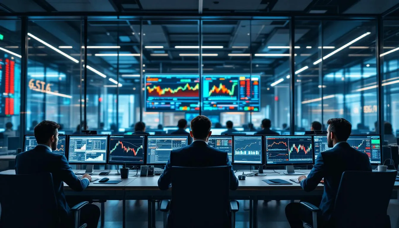 The image depicts a modern trading environment focused on maximizing efficiency in front to back integration for multi asset trading. It features professionals engaged in portfolio management, utilizing advanced technology solutions to enhance operational efficiency and manage various asset classes within the financial markets.