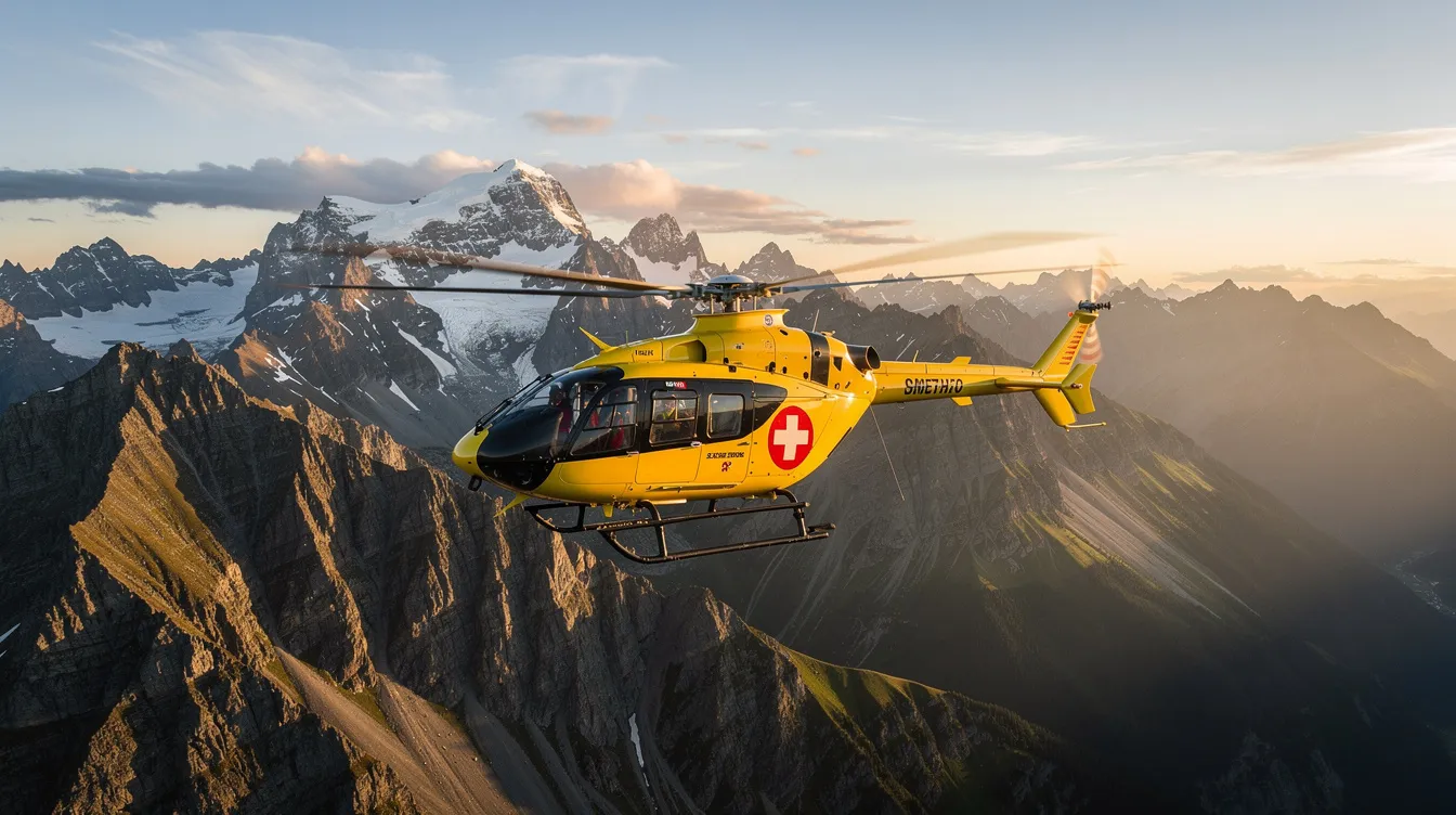 A medical helicopter is soaring over rugged mountainous terrain, ready for emergency medical evacuation. This image highlights the importance of travel insurance, such as John Hancock's plans, which can provide coverage for unexpected medical expenses during adventures in remote locations.