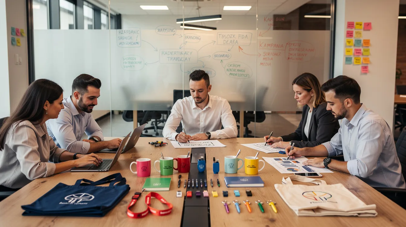 Zespół marketingowy planujący kampanię przy stole z gadżetami reklamowymi.