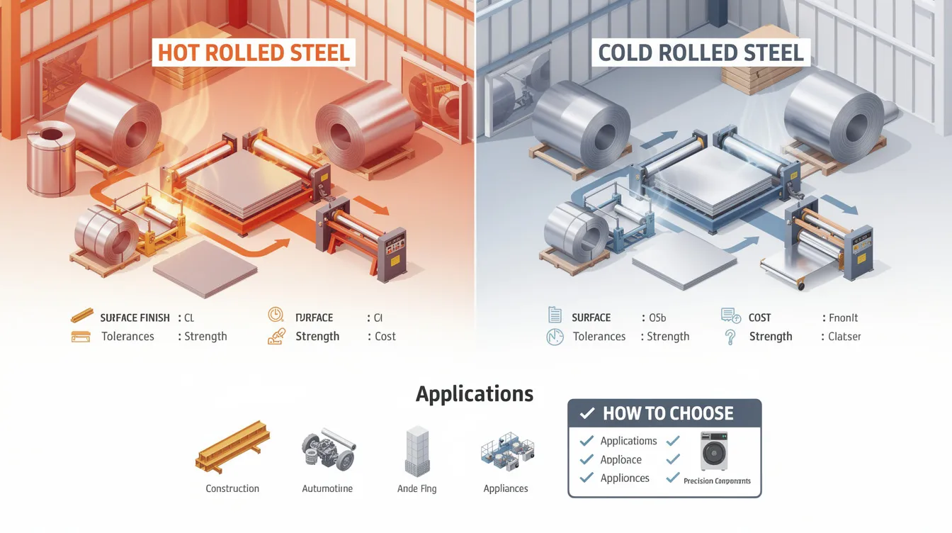 The image illustrates the key differences between hot rolled and cold rolled steel, highlighting their unique properties and applications in various industries. It features examples of both types of rolled steel, showcasing the rougher surface of hot rolled steel alongside the smooth finish and tighter tolerances of cold rolled steel, emphasizing the importance of choosing the right material for specific projects.