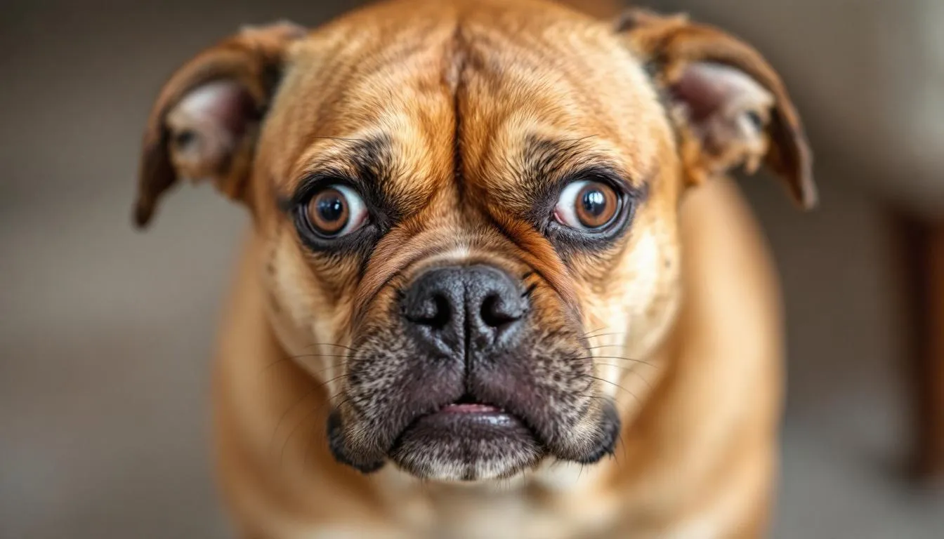 A close-up image of a dog displaying warning signs, including whale eye and tense facial muscles, indicating potential aggression. The dog