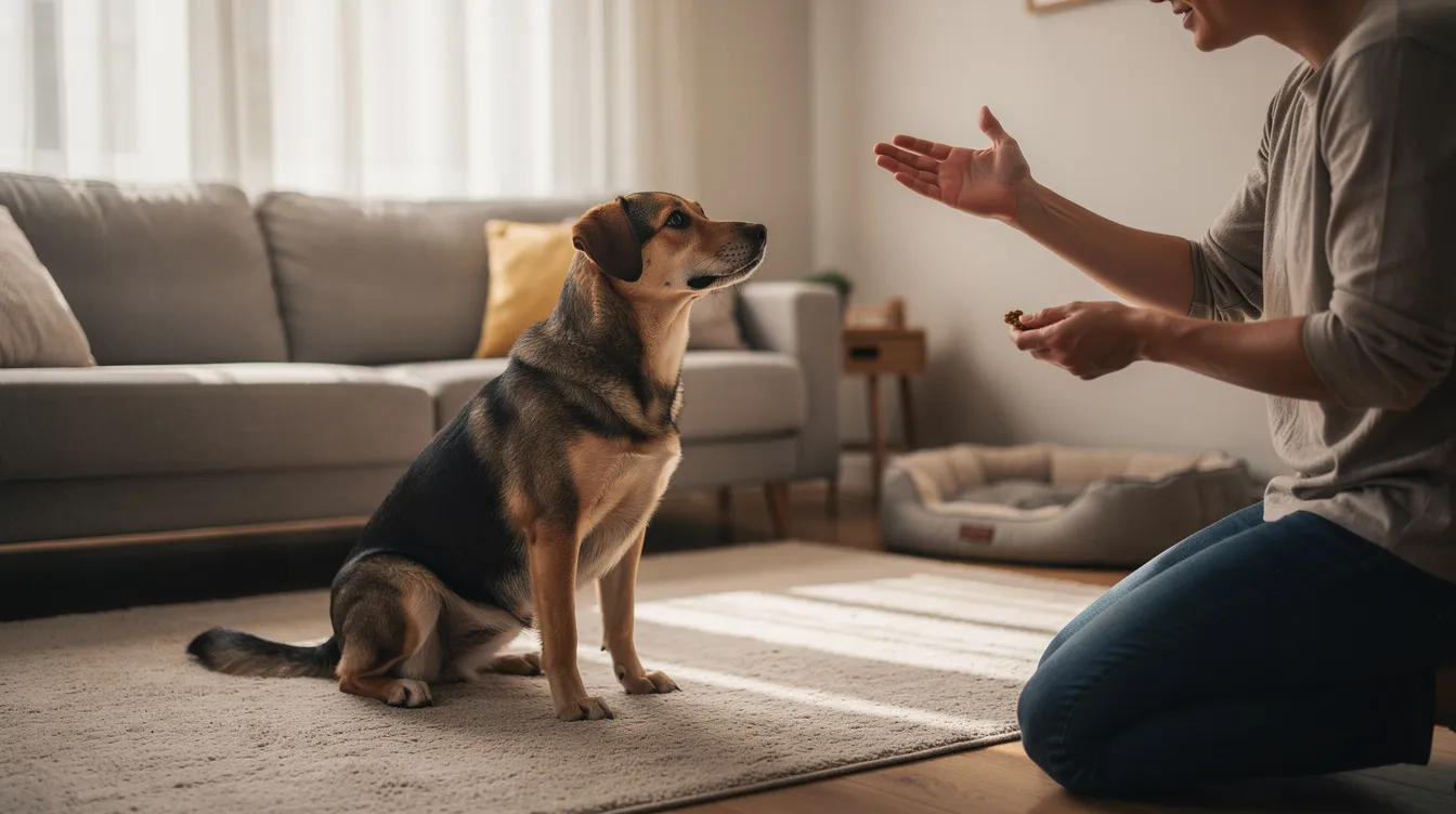 The image depicts a dog in a sit position, focused on its owner who is giving a hand signal for the stay command. The setting suggests a training environment, highlighting the bond between the dog and the owner as they practice stay training amidst potential distractions.