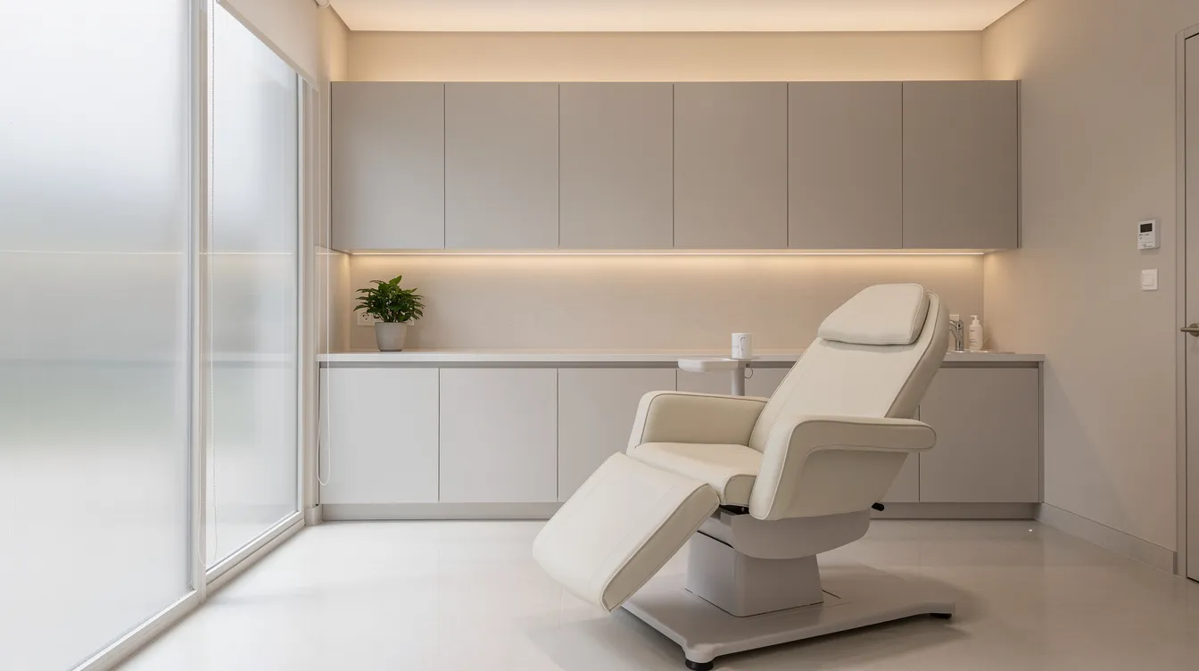 The image depicts a clean and modern aesthetic treatment room featuring a comfortable consultation chair, designed for personalized consultations about body sculpting and injectable butt lift procedures. The serene environment suggests a focus on achieving natural-looking results and customized treatment plans for clients seeking enhancements.