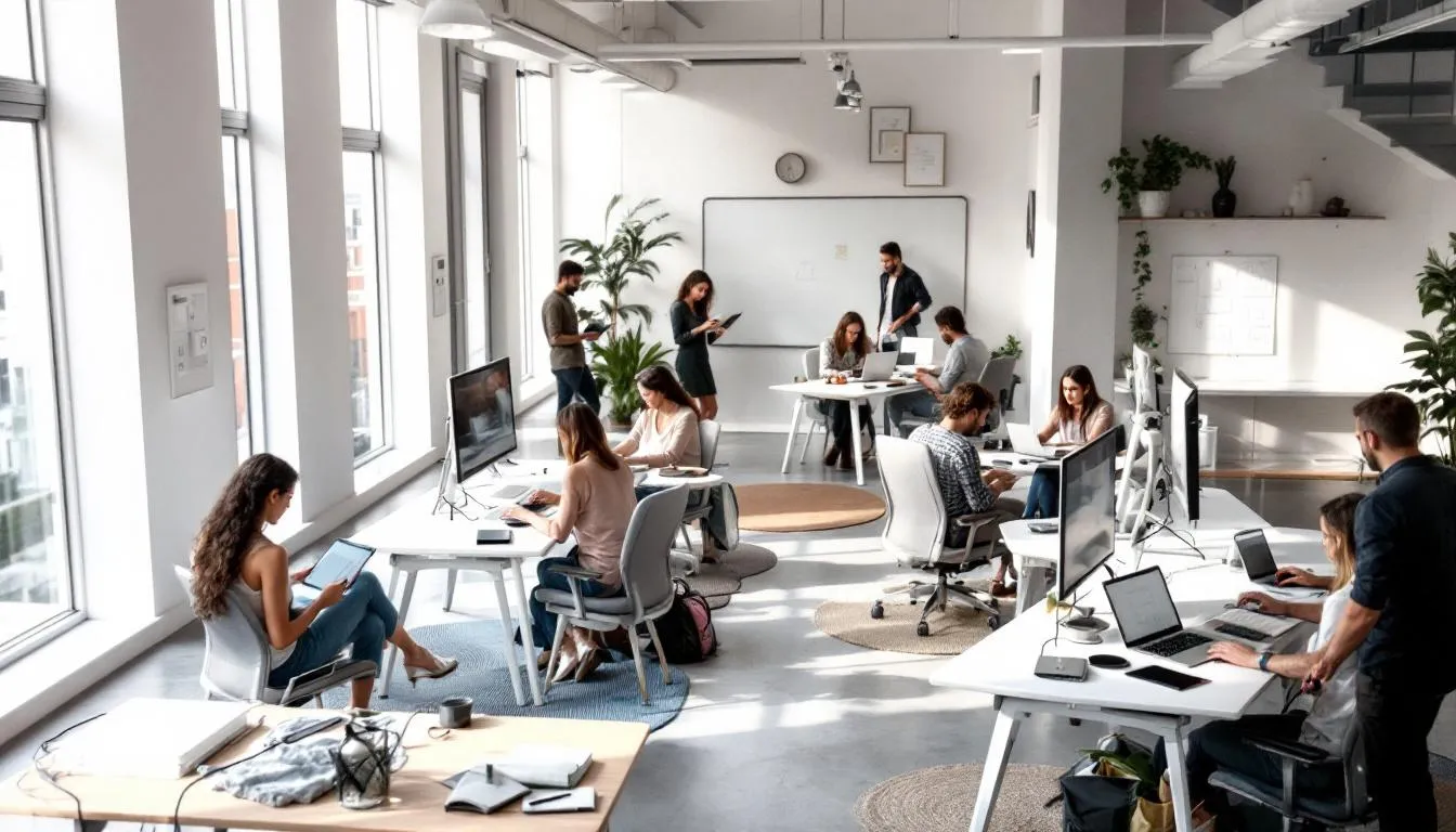 In einem modernen Co-Working-Space arbeiten digitale Nomaden an ihren Laptops, umgeben von kreativen Designs und flexiblen Arbeitsplätzen. Die Atmosphäre fördert die Zusammenarbeit und inspiriert Gründer, innovative Geschäftsideen zu entwickeln und ihre Selbstständigkeit voranzutreiben.