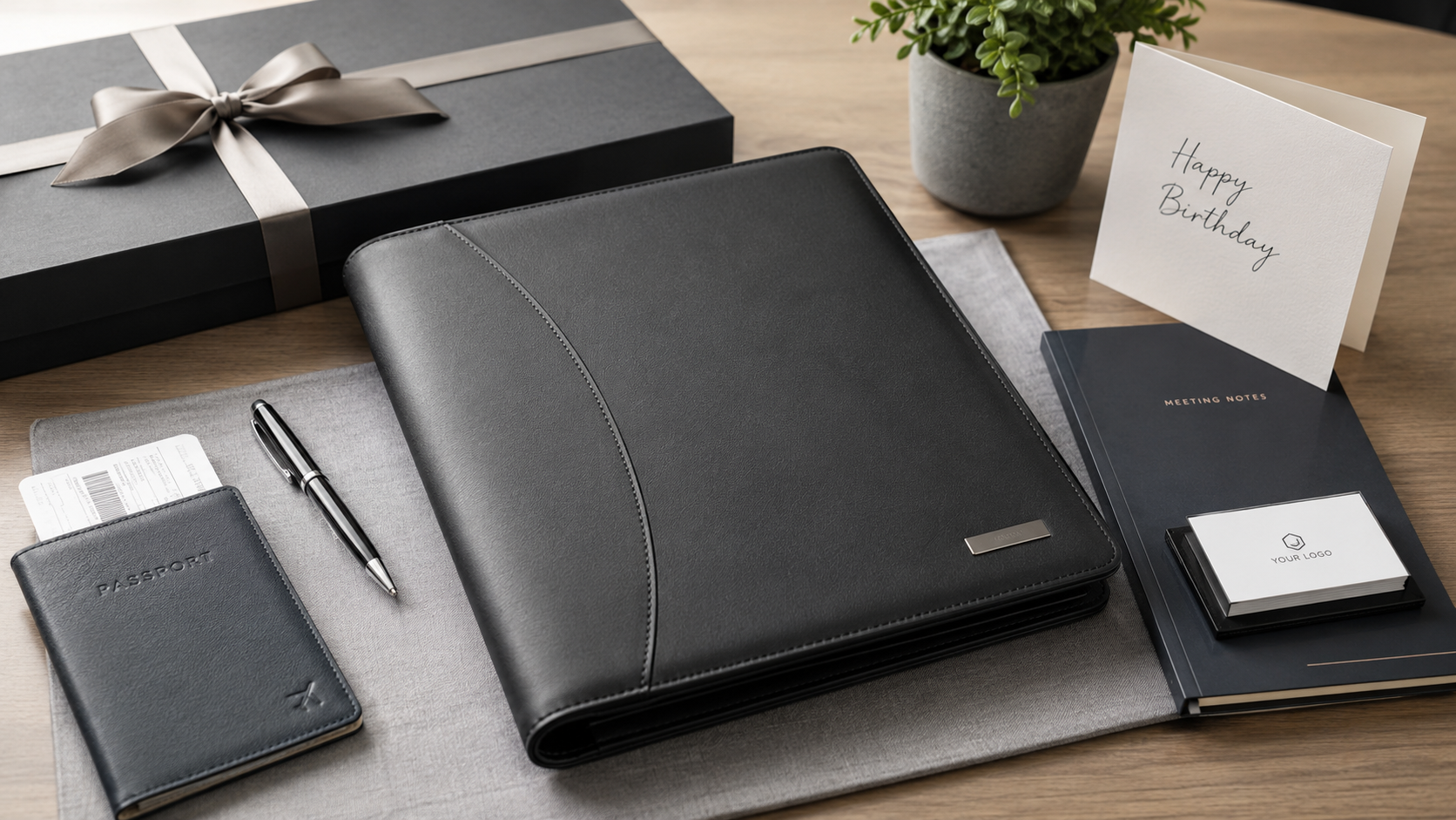 Executive document folder presented as a client birthday gift with a passport holder, pen, meeting notebook, business cards, and greeting card
