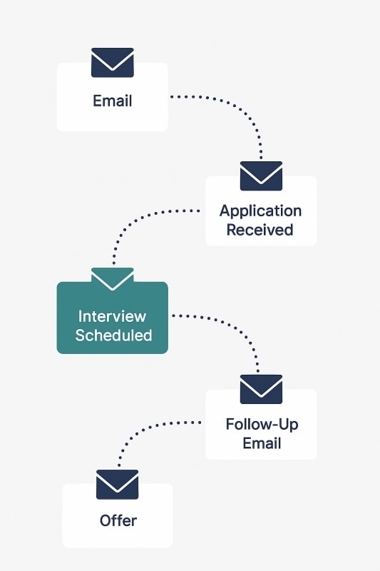 A minimalist flowchart showing a candidate's journey in the hiring process. The chart includes five stages connected by dotted lines: "Email," "Application Received," "Interview Scheduled" (highlighted in teal), "Follow-Up Email," and "Offer." Each stage is represented by an envelope icon and clear sans-serif text, set against a soft gray background. The design uses navy, charcoal, and teal tones in a clean, modern layout.