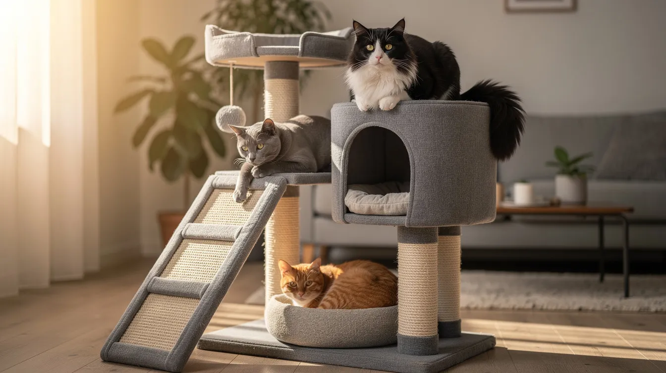 Three kitties of different colors are lounging on separate levels of a large cat tree, which features multiple platforms and condos, providing them with a perfect space to relax and explore. The sturdy materials of this stylish cat furniture ensure stability and comfort for daily use, making it an ideal investment for households with multiple cats.