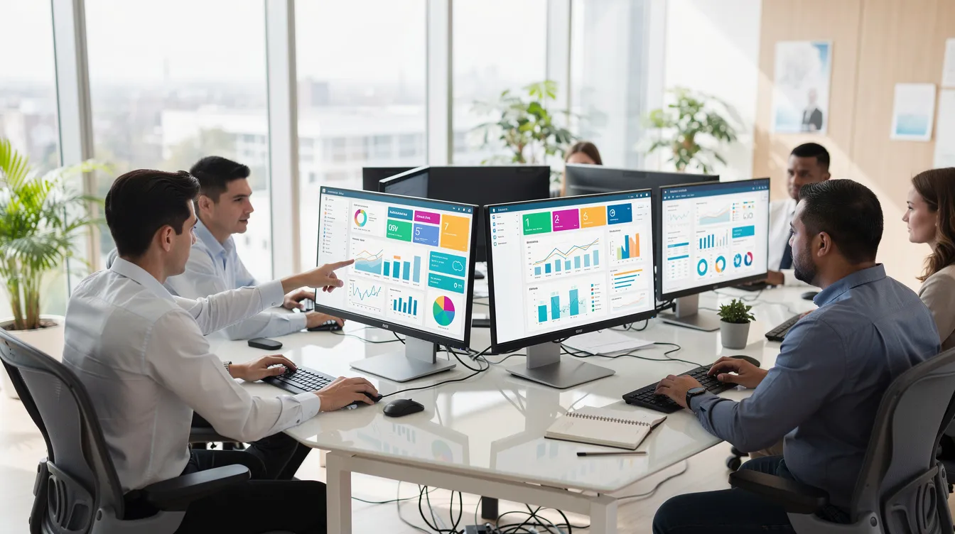 The image depicts a modern office environment where a small team is engaged in work at their desks, with monitors displaying various dashboards and data visualizations related to risk management efforts. The scene highlights the collaboration and use of artificial intelligence tools in managing potential risks and ensuring effective risk management strategies.