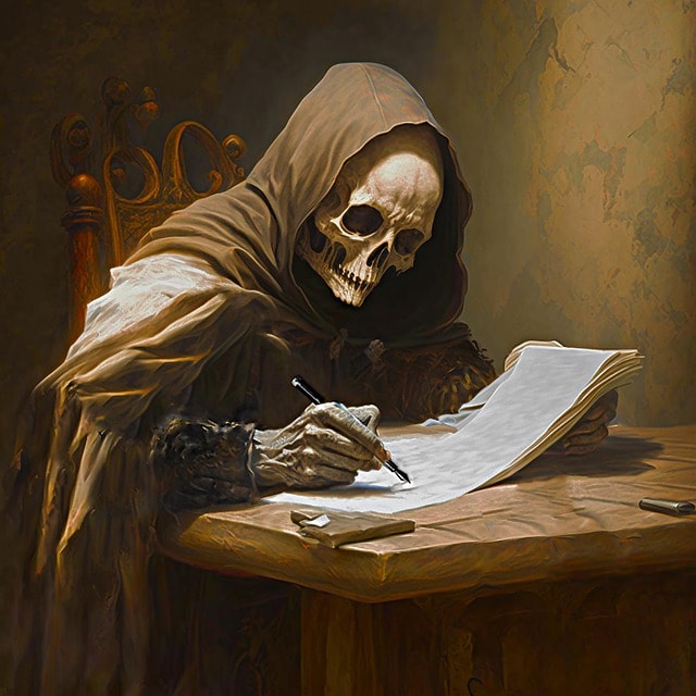 AI image of the grim reaper writing on a scroll, representing writing horror stories.