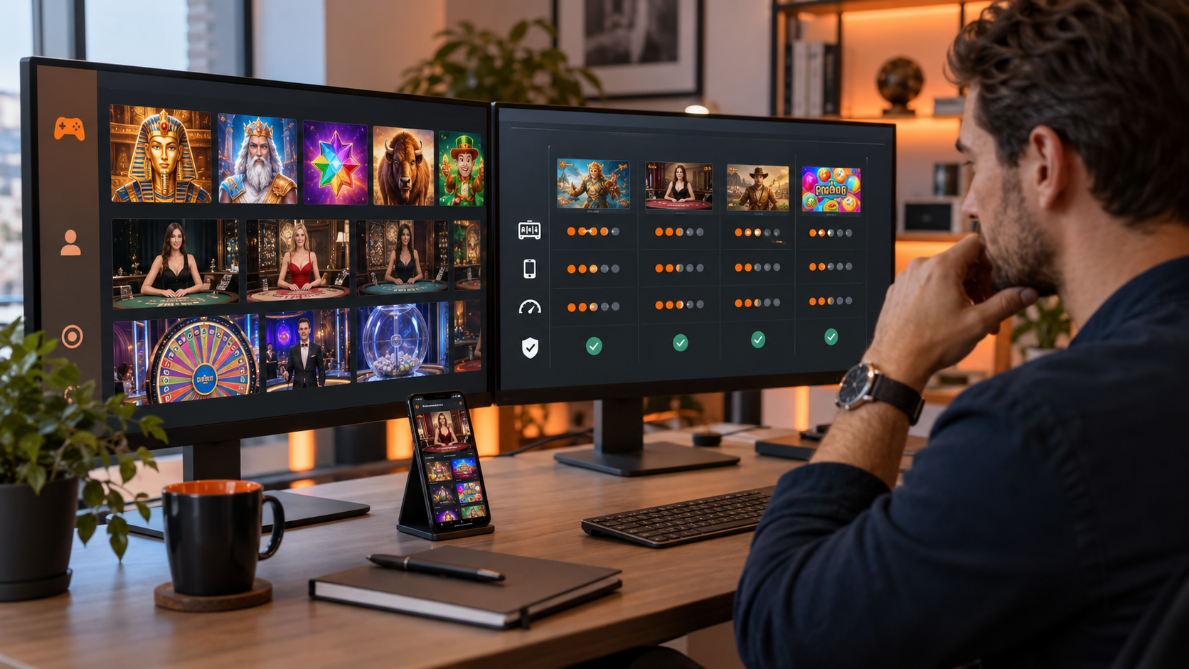 Man vergelijkt casinospellen en technische kenmerken op twee computerschermen.