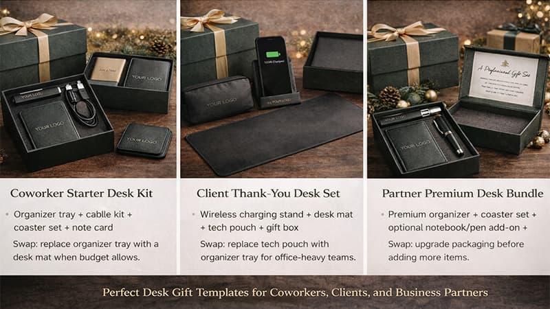 Desk gift templates infographic for coworkers, clients, and business partners, realistic banner